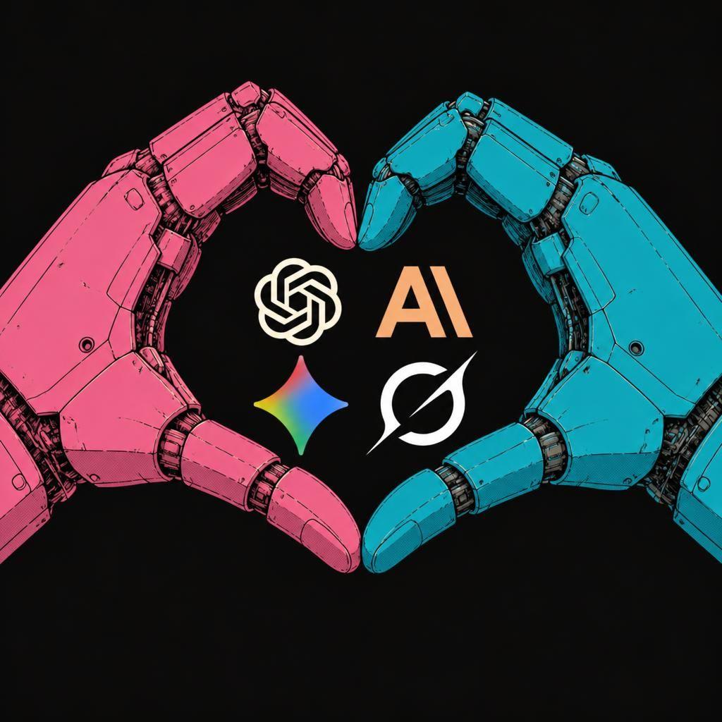Pink and blue robot hands form a heart, featuring diverse AI tool logos.