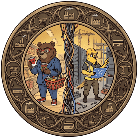 Circular emblem depicting a bear shopping and a bird building a server room, split by wires.