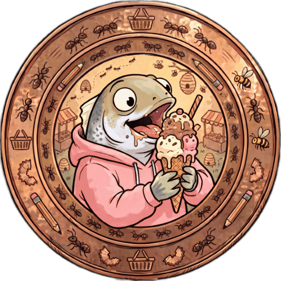 A cartoon fish in a pink hoodie happily eats a large two-scoop ice cream cone.
