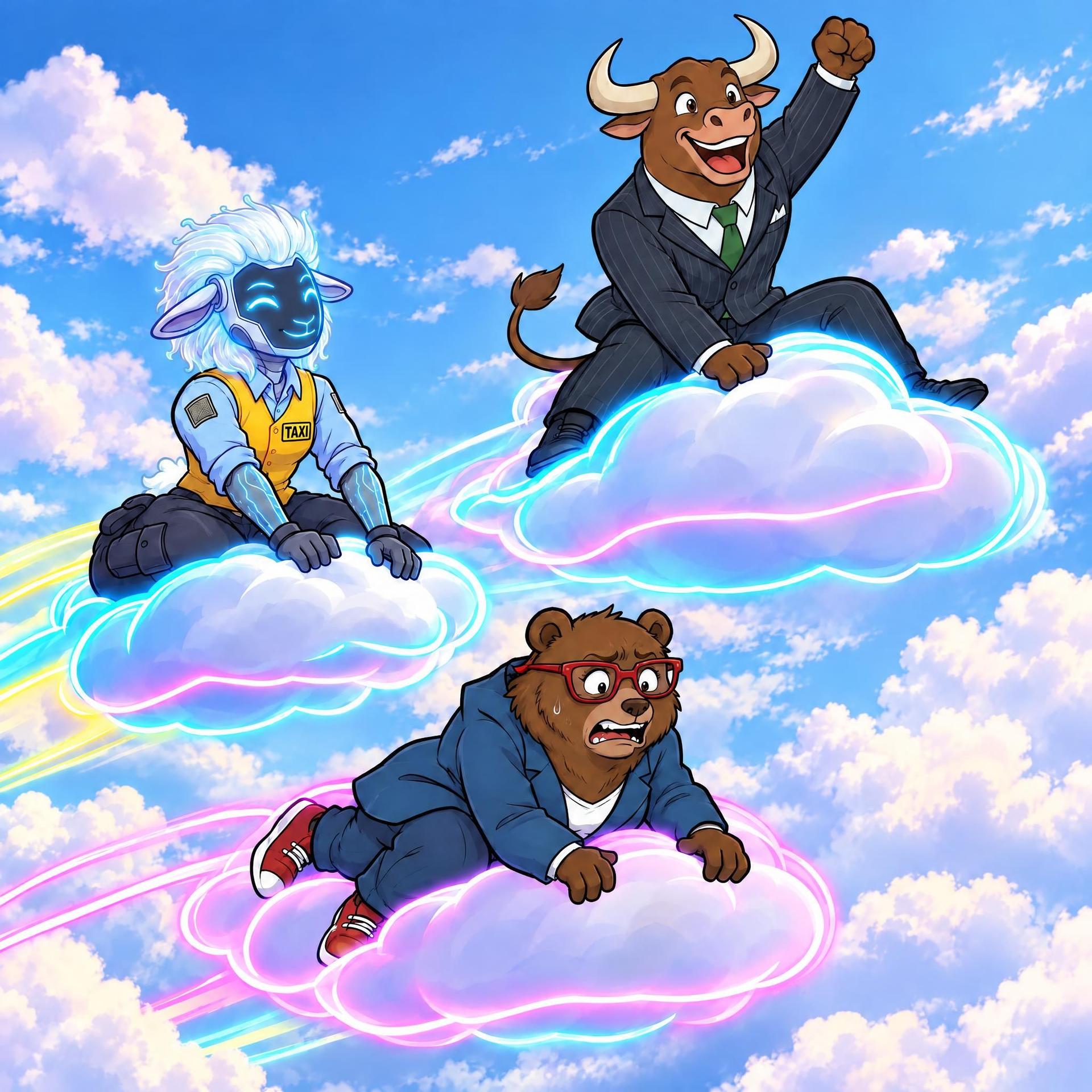 Three cartoon characters, a bull, a bear, and a creature, ride glowing clouds.