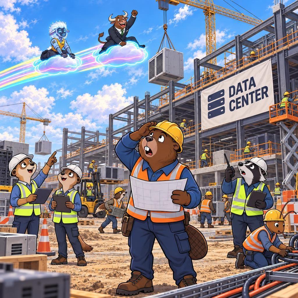 A beaver foreman reviews blueprints at a busy data center construction site.