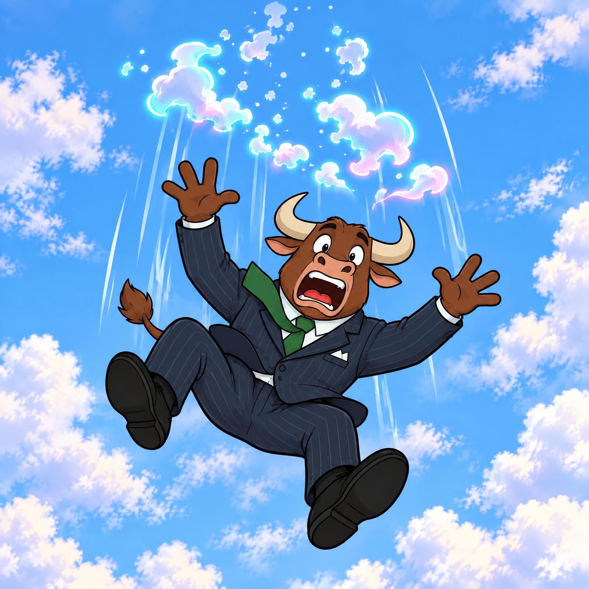 A cartoon bull in a suit falls dramatically from a bright blue sky, looking terrified.