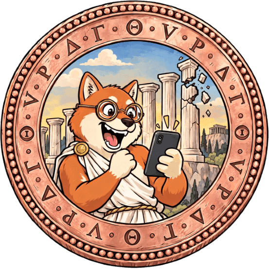 Cartoon Shiba Inu in a toga and glasses using a phone near ancient Greek ruins.