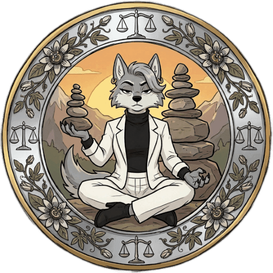 A meditating wolf in a white suit balances stacked stones within a circular emblem.