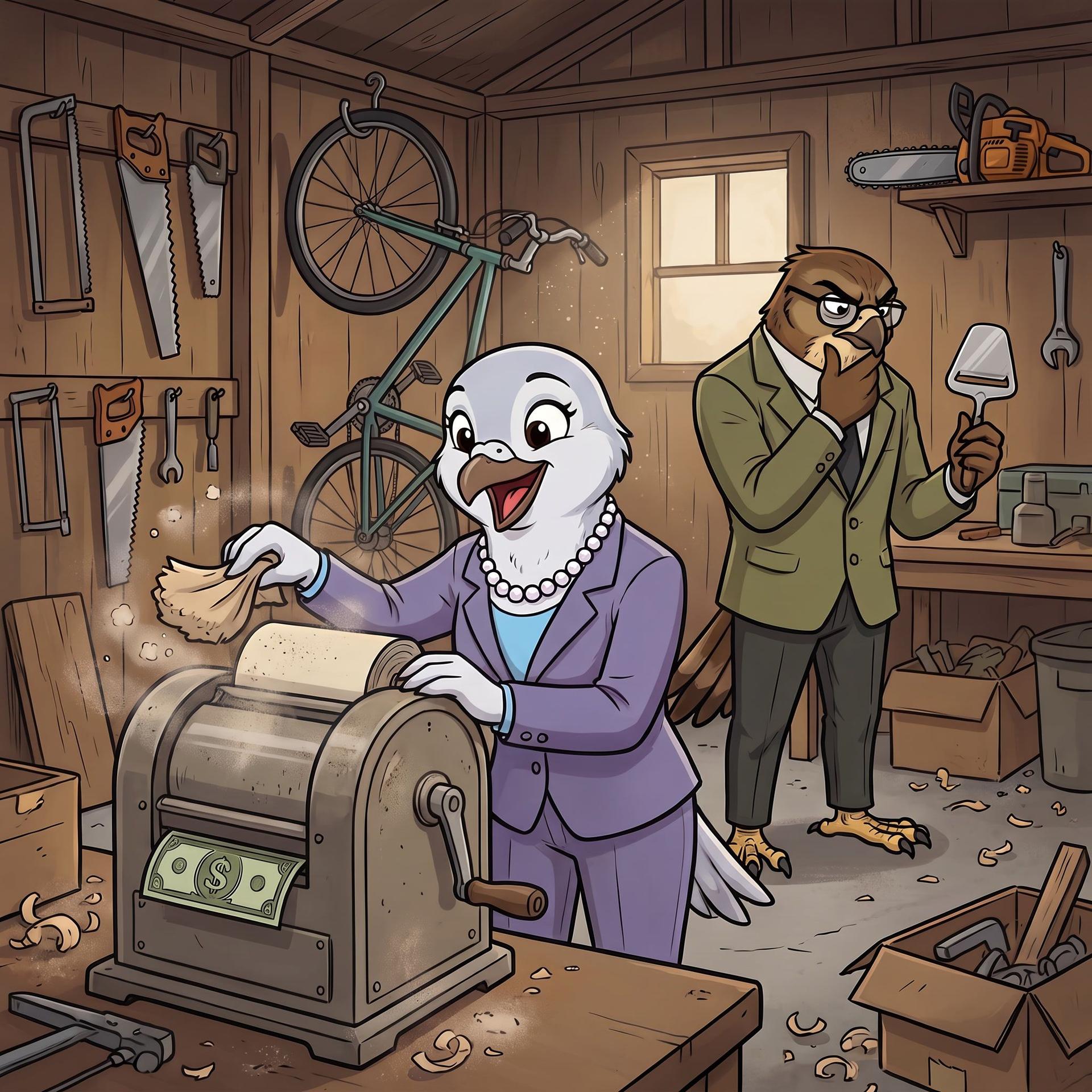 An anthropomorphic bird processes money in a workshop while an owl observes thoughtfully.