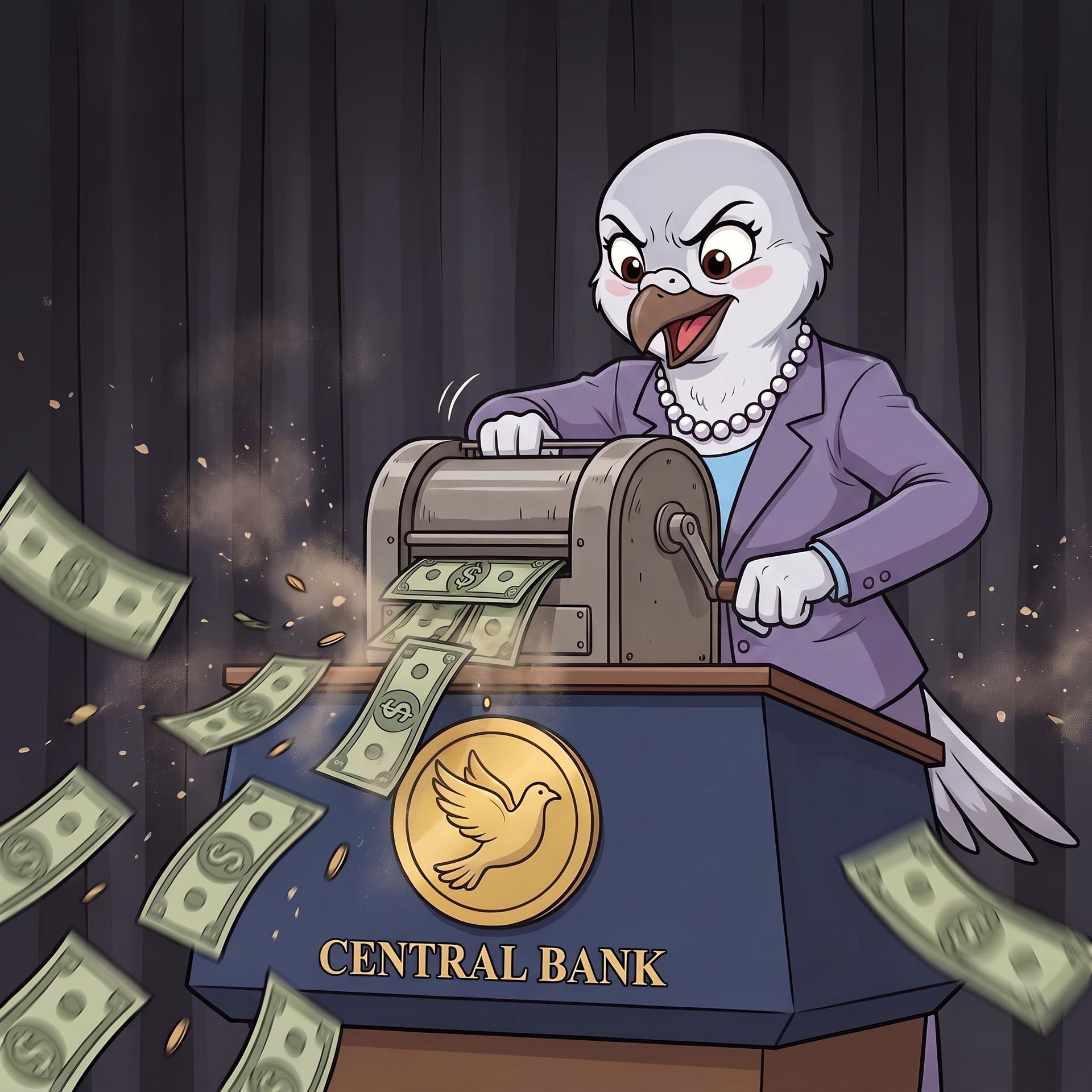 Cartoon bird aggressively prints dollar bills at a Central Bank podium with a money machine.
