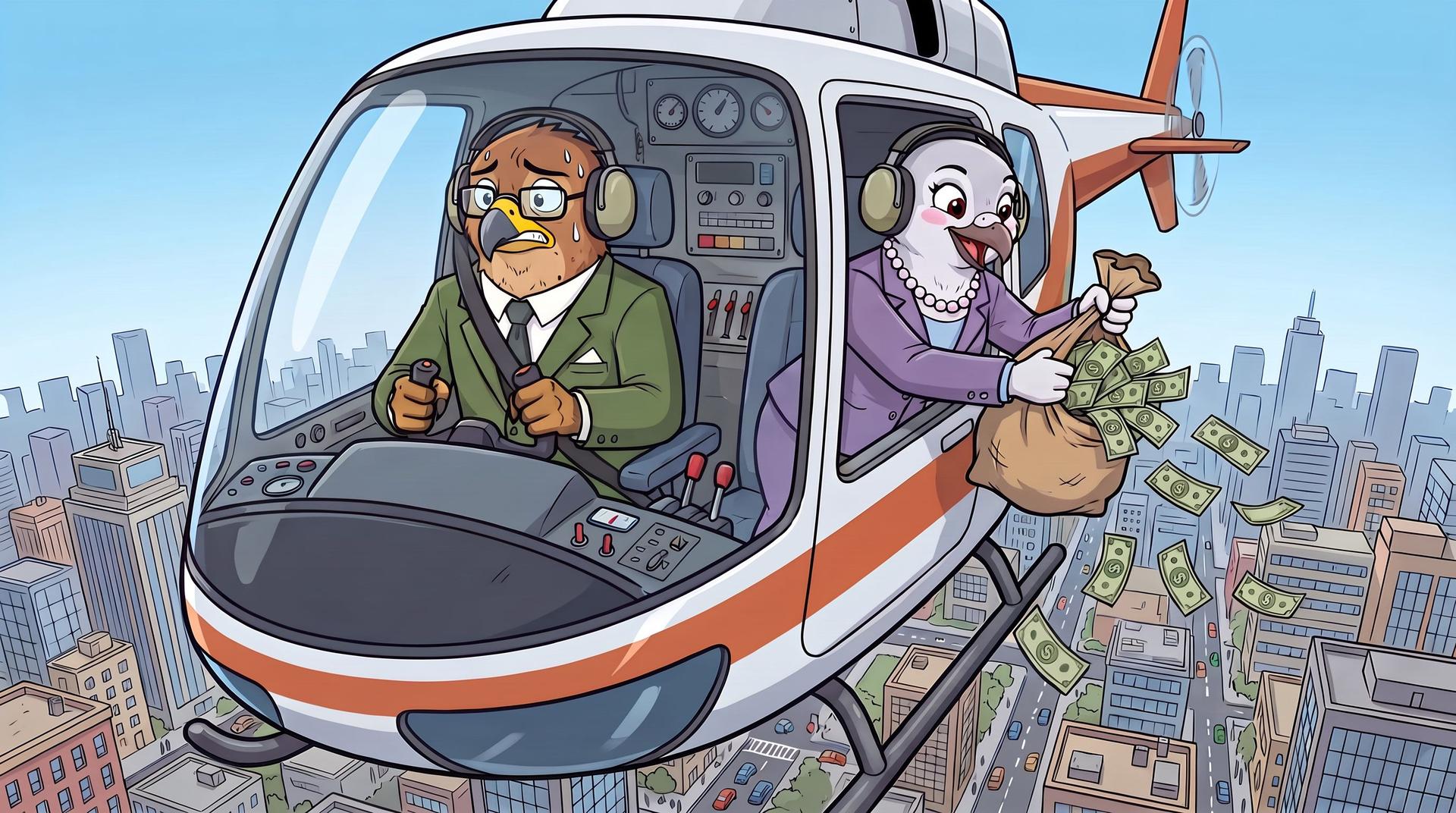 Cartoon birds in a helicopter flying over a city, throwing money out.
