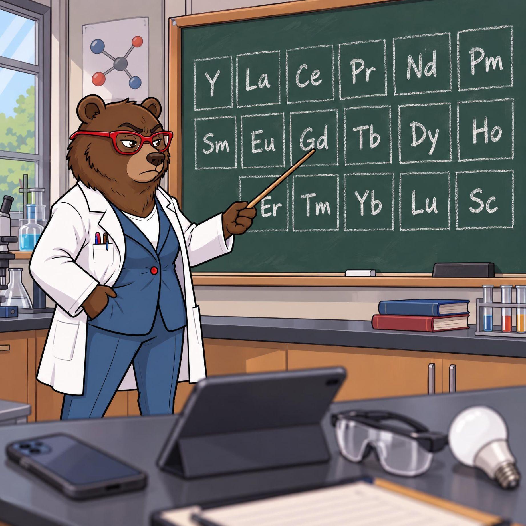 A bear professor in a lab coat points to elements on a classroom blackboard.