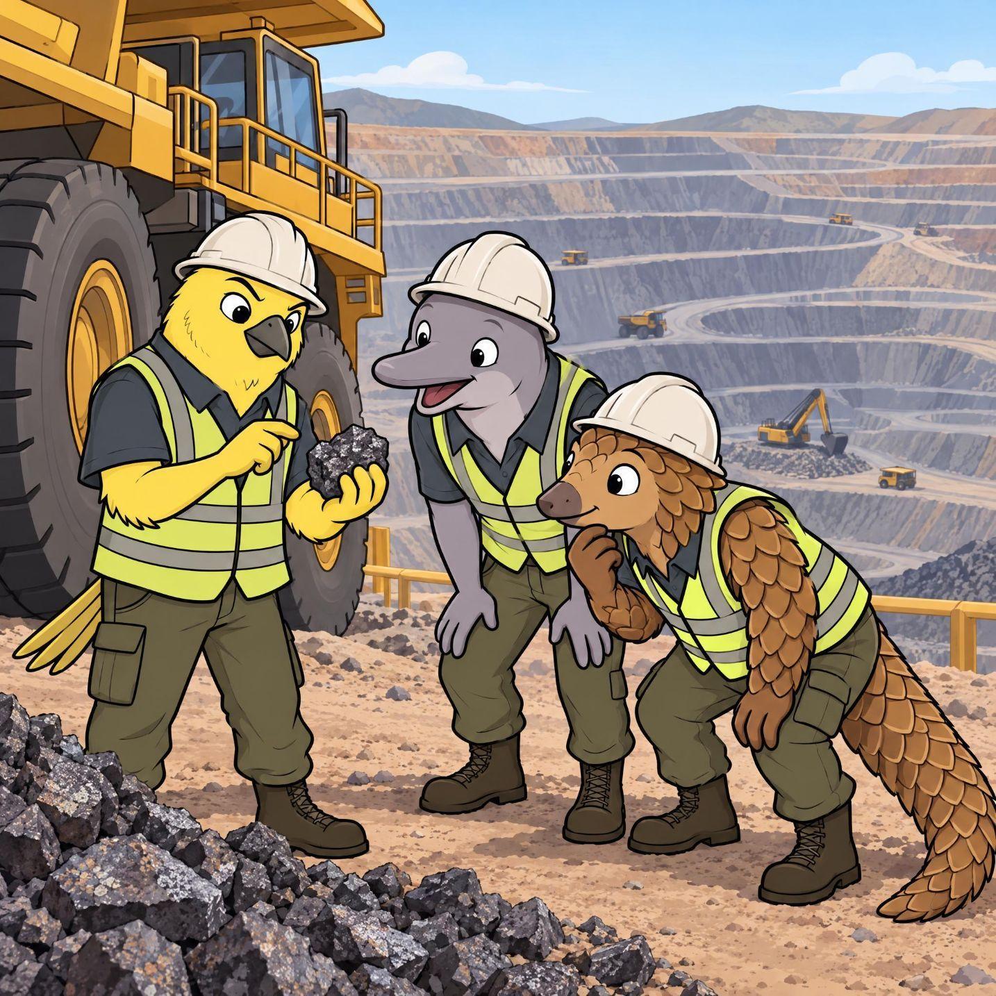 Bird, dolphin, and pangolin miners examine rocks at an open-pit mine.