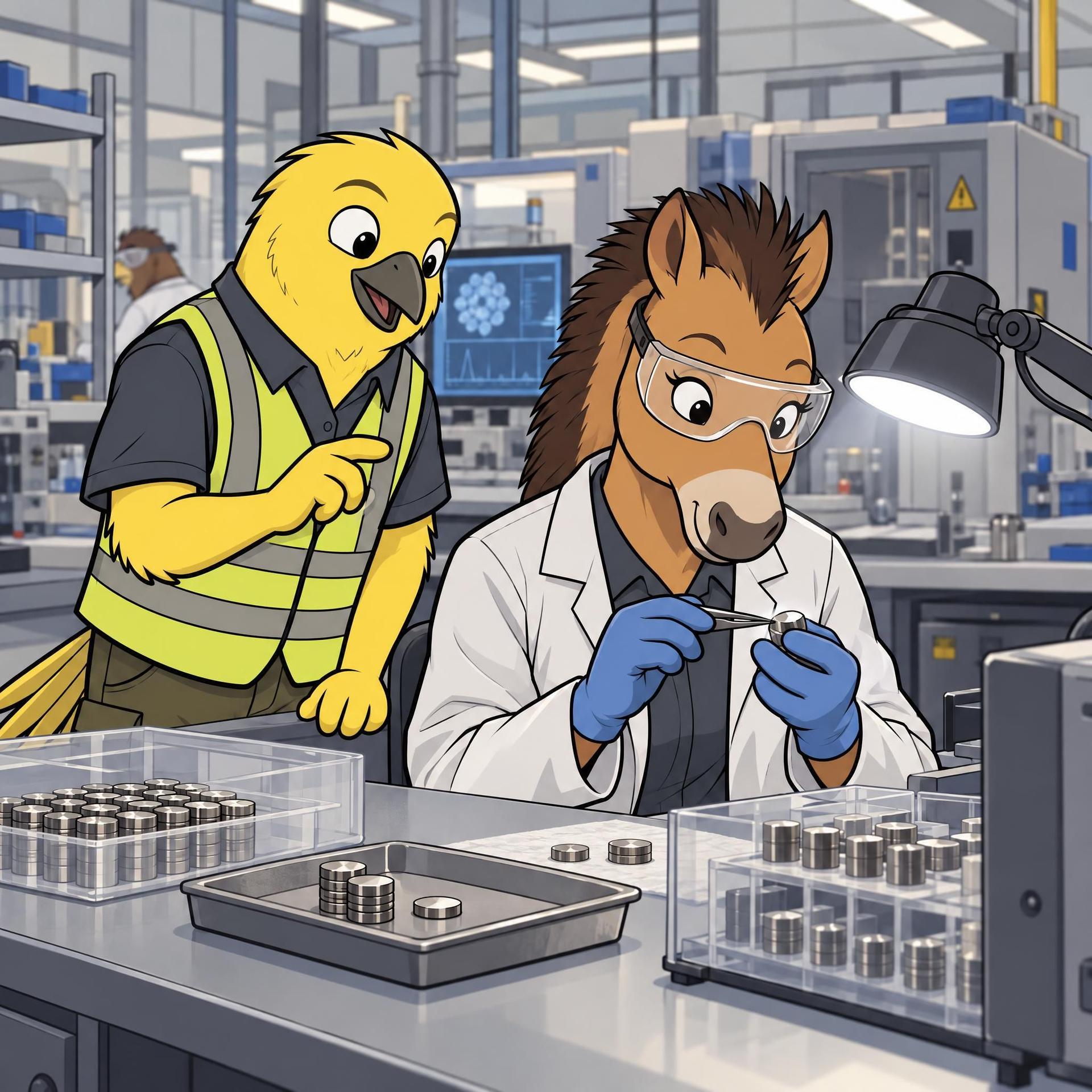 Bird and horse in lab coats inspect small components in a modern facility.