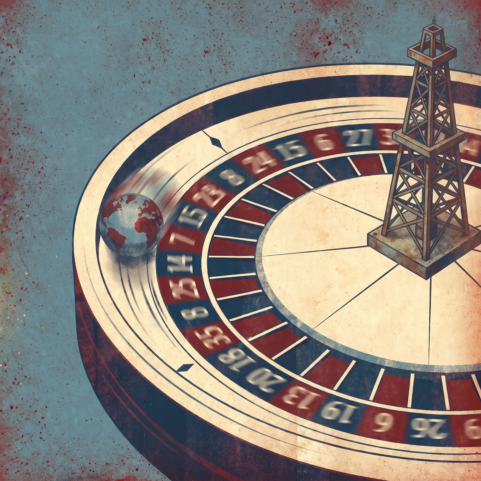A roulette wheel with an oil derrick at its center and a spinning globe.