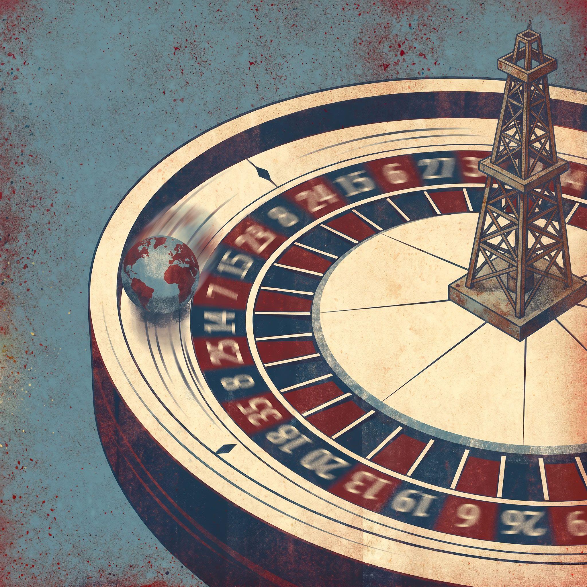 A roulette wheel with an oil derrick at its center and a spinning globe.