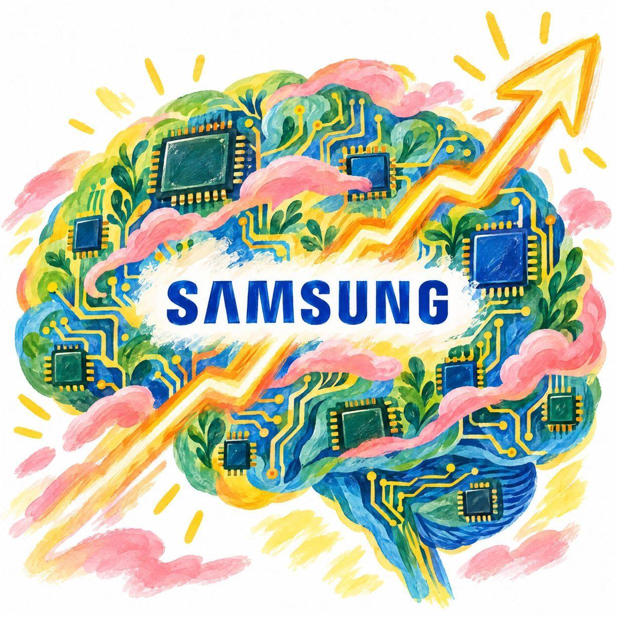 Stylized brain with circuit patterns, a glowing arrow, and SAMSUNG text.
