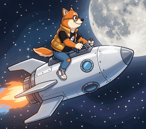 Cartoon fox in glasses and yellow vest riding a rocket through space towards the moon.