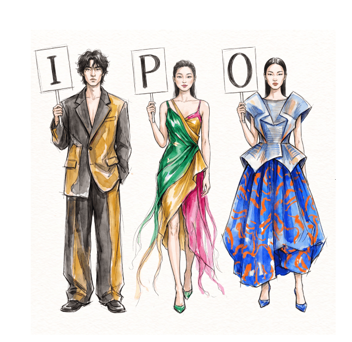 Three fashion models hold signs spelling "IPPO" while wearing colorful, avant-garde designer outfits.