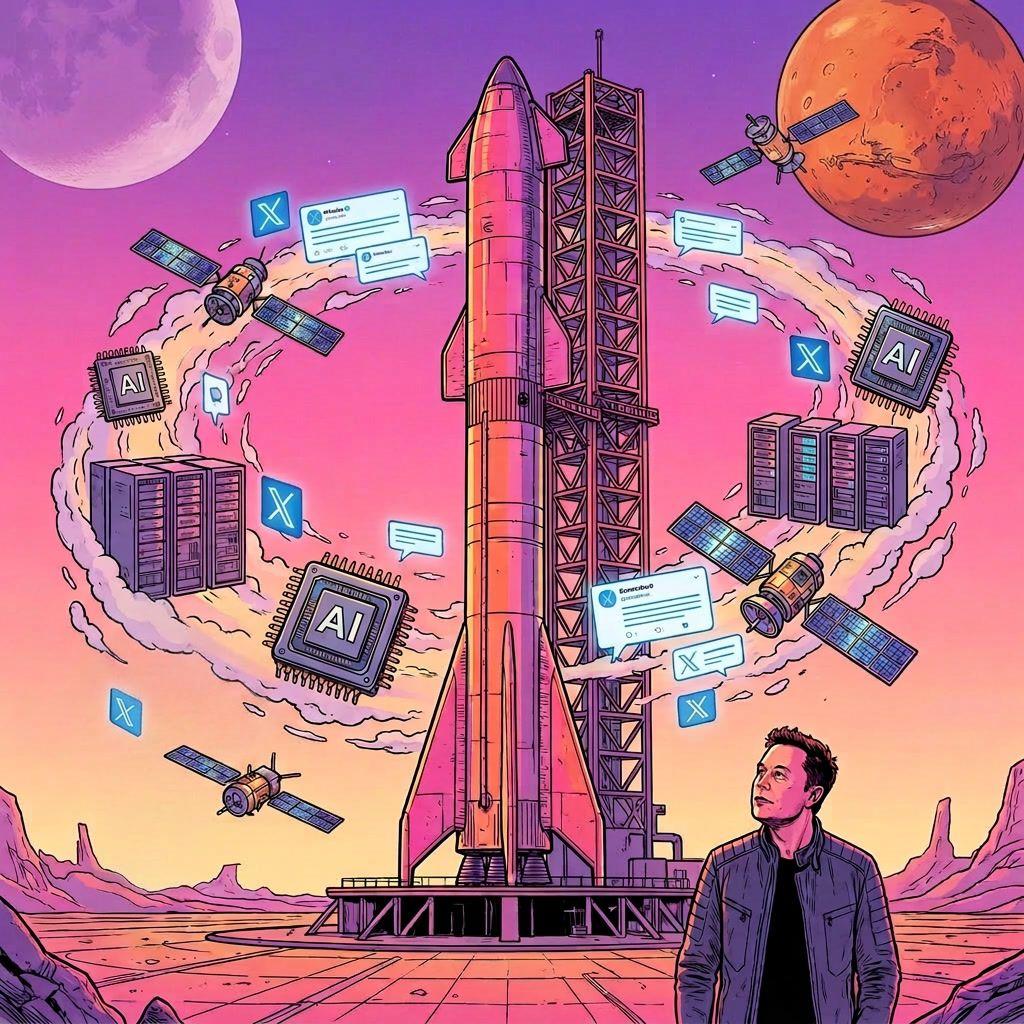 Elon Musk observes a Starship rocket surrounded by satellites and data units on an alien planet.