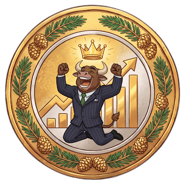 Cartoon bull in suit and crown celebrates victory with arms raised, backed by rising financial graphs.