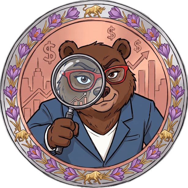 A business bear with red glasses holding a magnifying glass, analyzing financial market symbols.