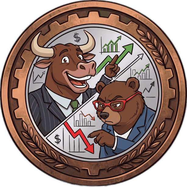 A bull and bear symbolize opposing stock market trends, with graphs showing gains and losses.