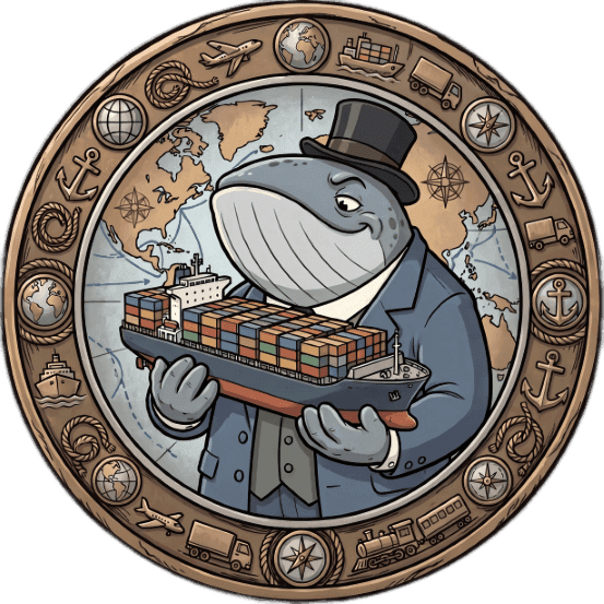 A cartoon whale in a top hat and suit carries a container ship, illustrating world trade.