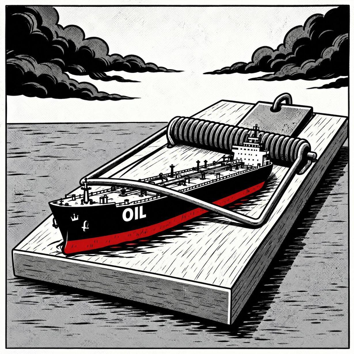 Oil tanker acts as bait on a large mousetrap floating in water under dark clouds.