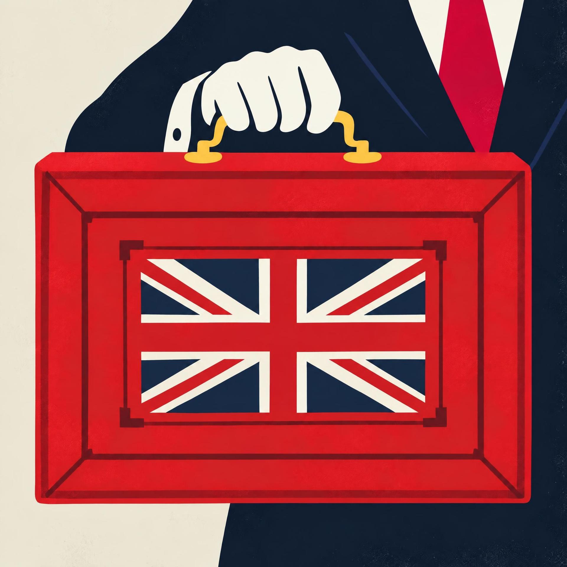 Hand in suit holding red briefcase with Union Jack emblem, symbolizing UK Budget.