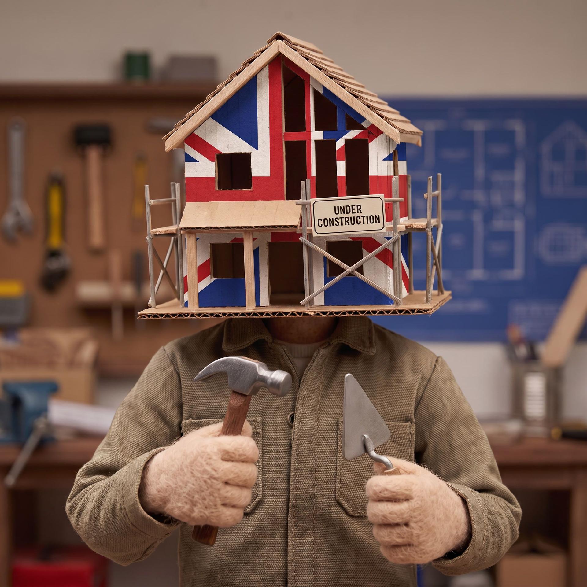 Person wearing a Union Jack house with 'HS2 Integration' on their head, holding tools.