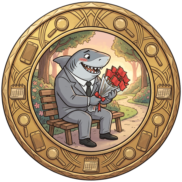 Cartoon shark in a suit sitting on a park bench, holding a bouquet of red flowers.