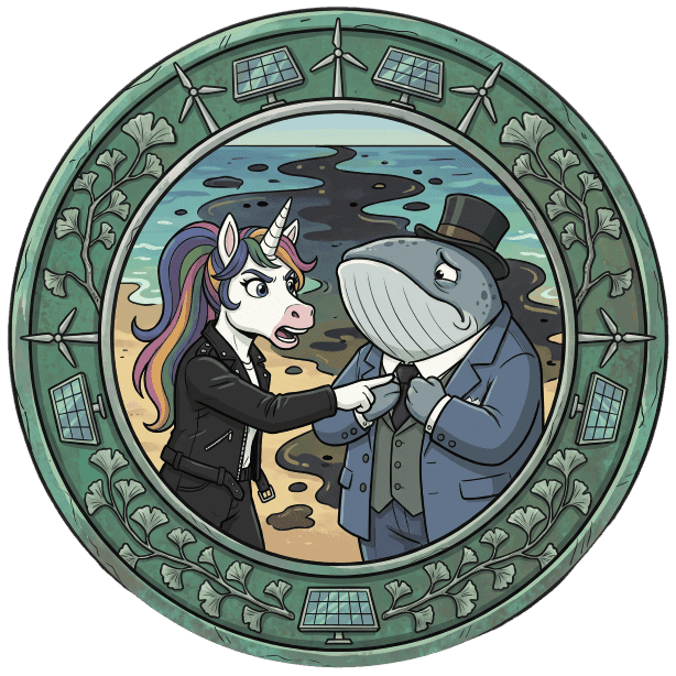 Unicorn in suit scolding a whale on an oil-spilled beach with renewable energy border.