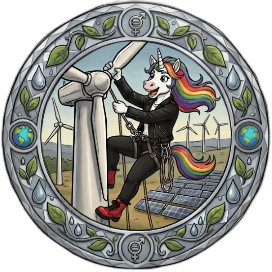 Rainbow-maned unicorn rappelling up a wind turbine amidst solar panels and wind farm.