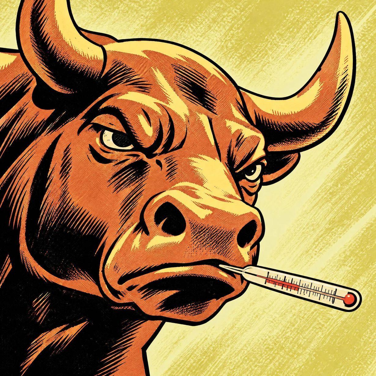Angry bull with a thermometer in its mouth, depicting economic downturn.