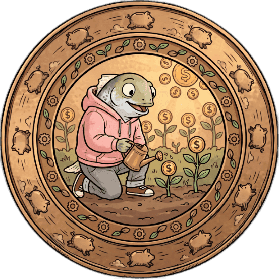 Cartoon fish waters growing money plants under a dollar sign sun on a decorative coin.