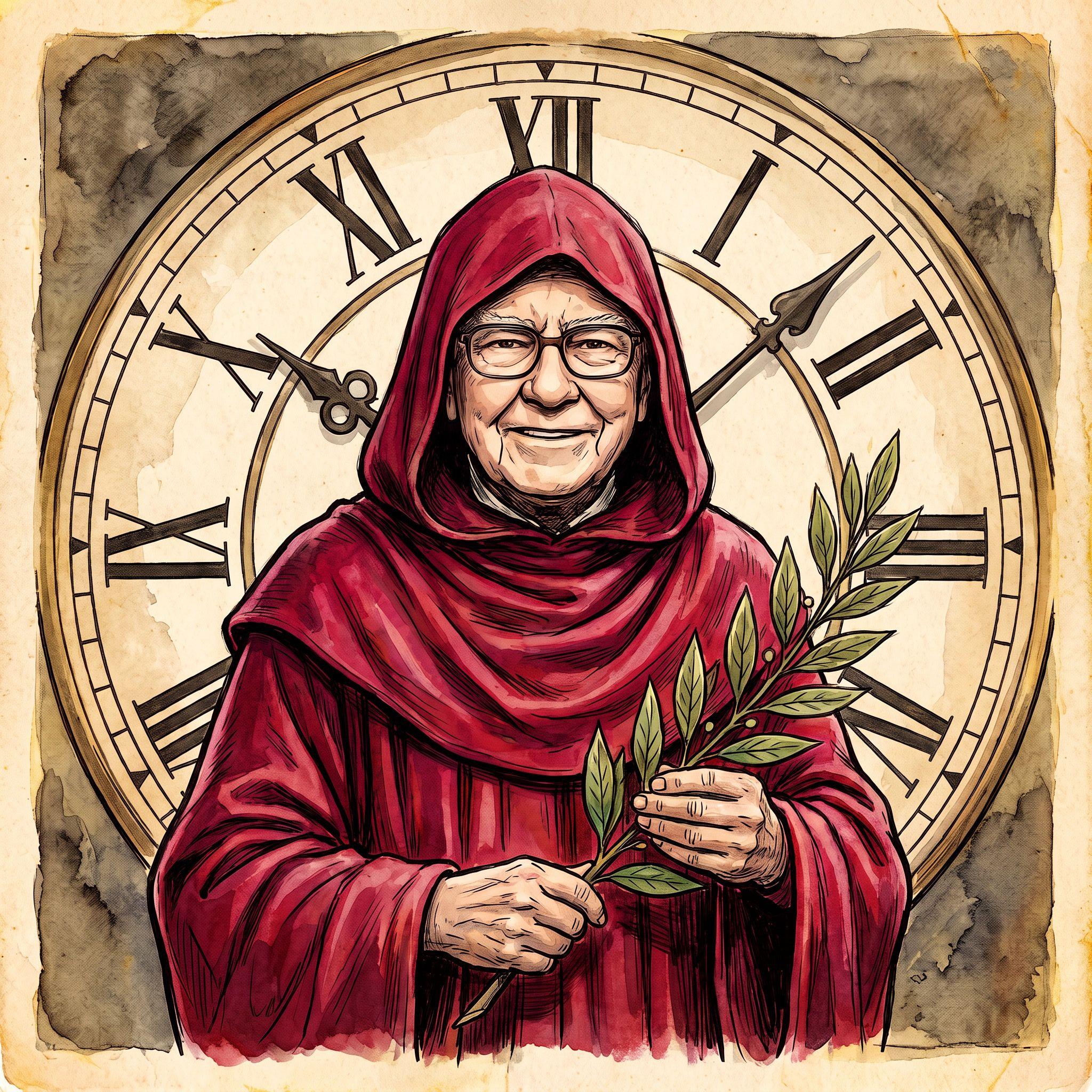Smiling Bill Gates in red robe holds a branch, backed by a large clock face.
