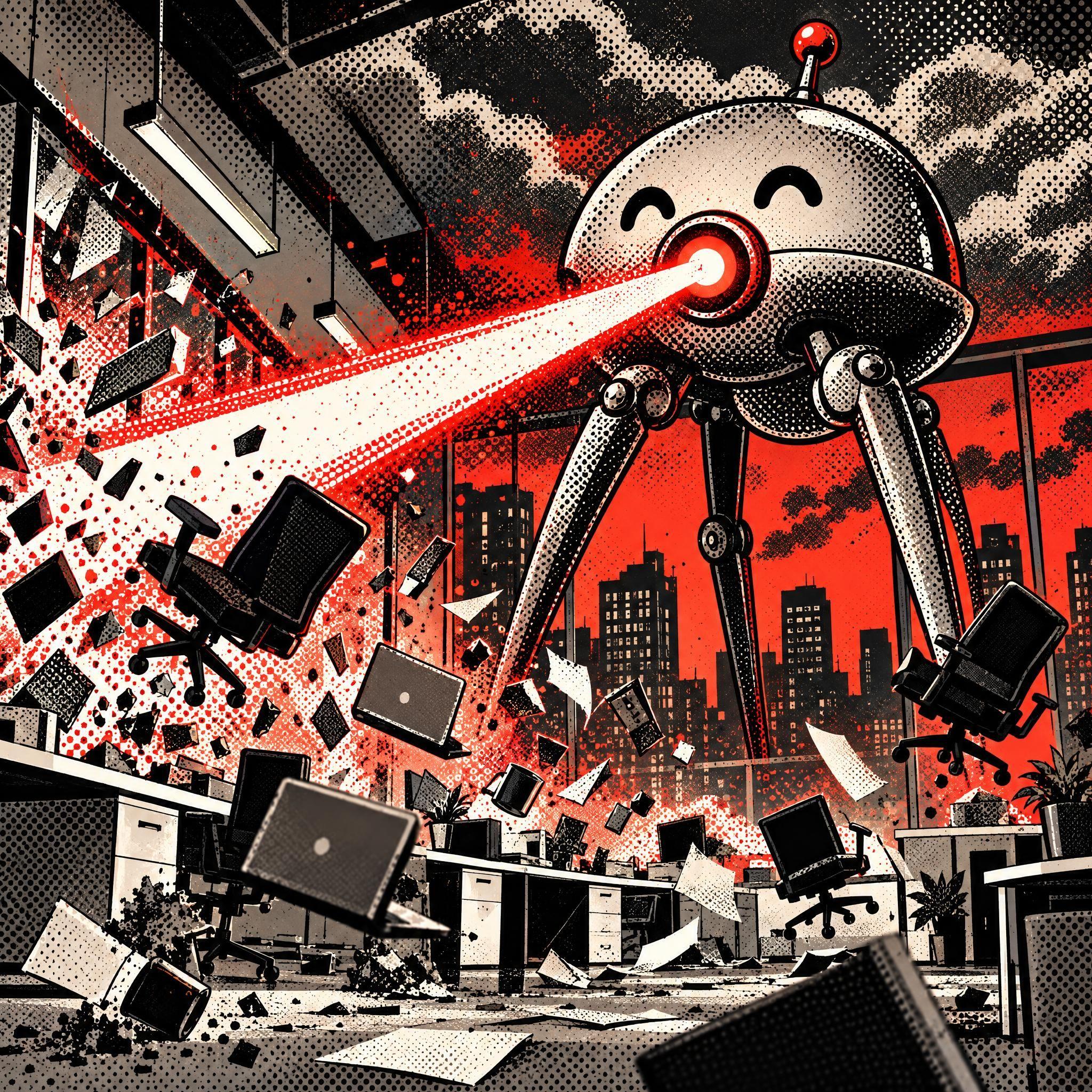 Cartoon robot with laser eyes destroys an office, sending debris flying.