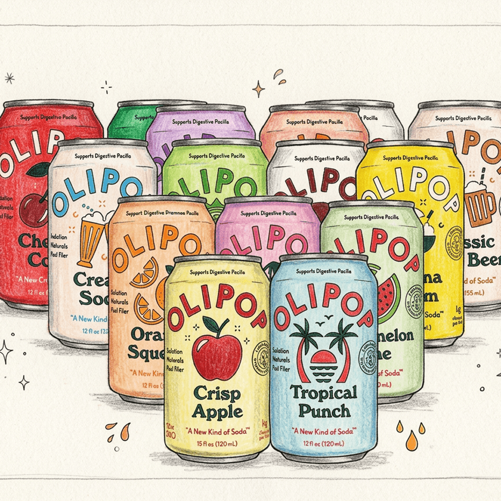 A collection of colorful OLIPOP soda cans displaying various fruit and classic drink flavors.