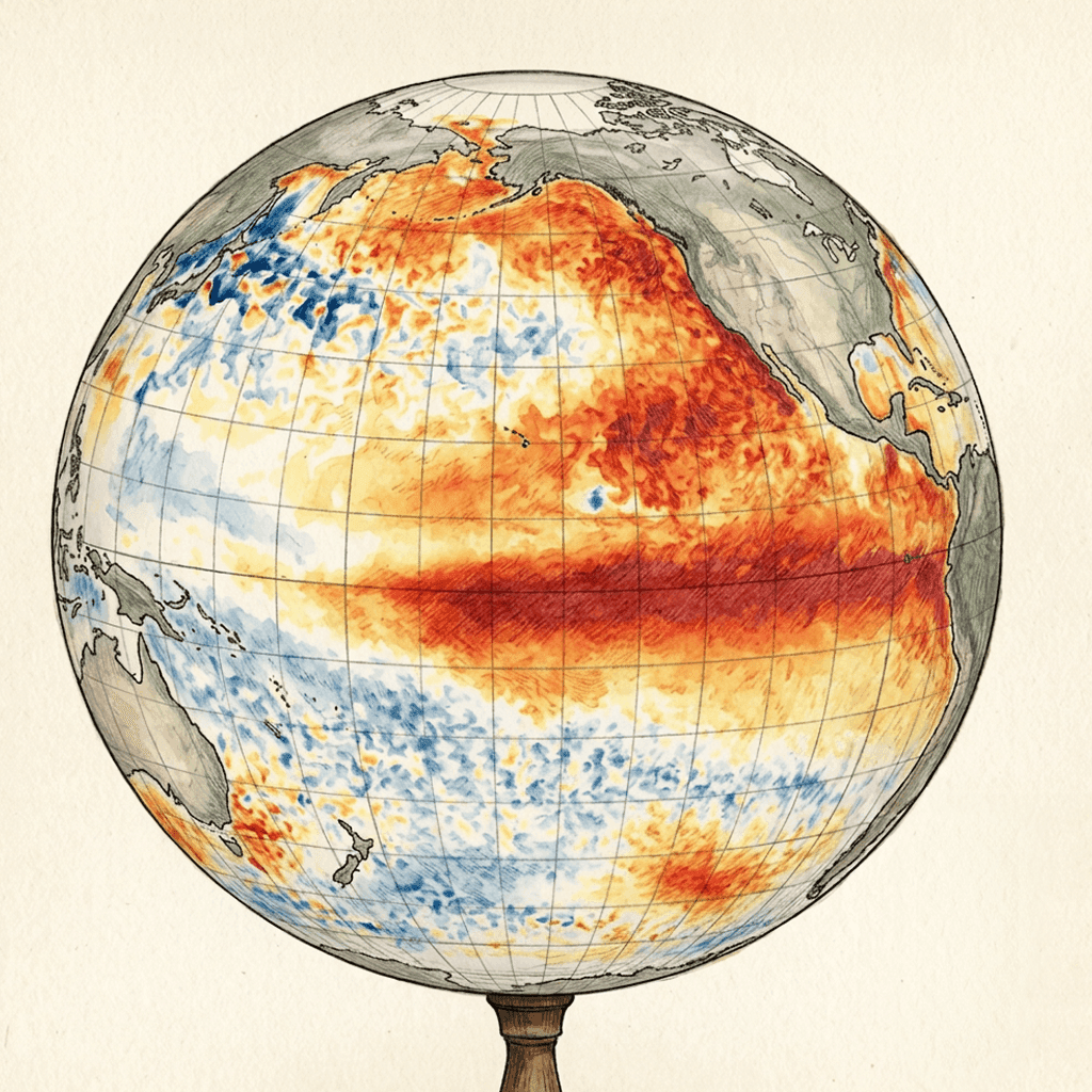 Globe showing Pacific Ocean surface temperature anomalies with red for warm and blue for cool.