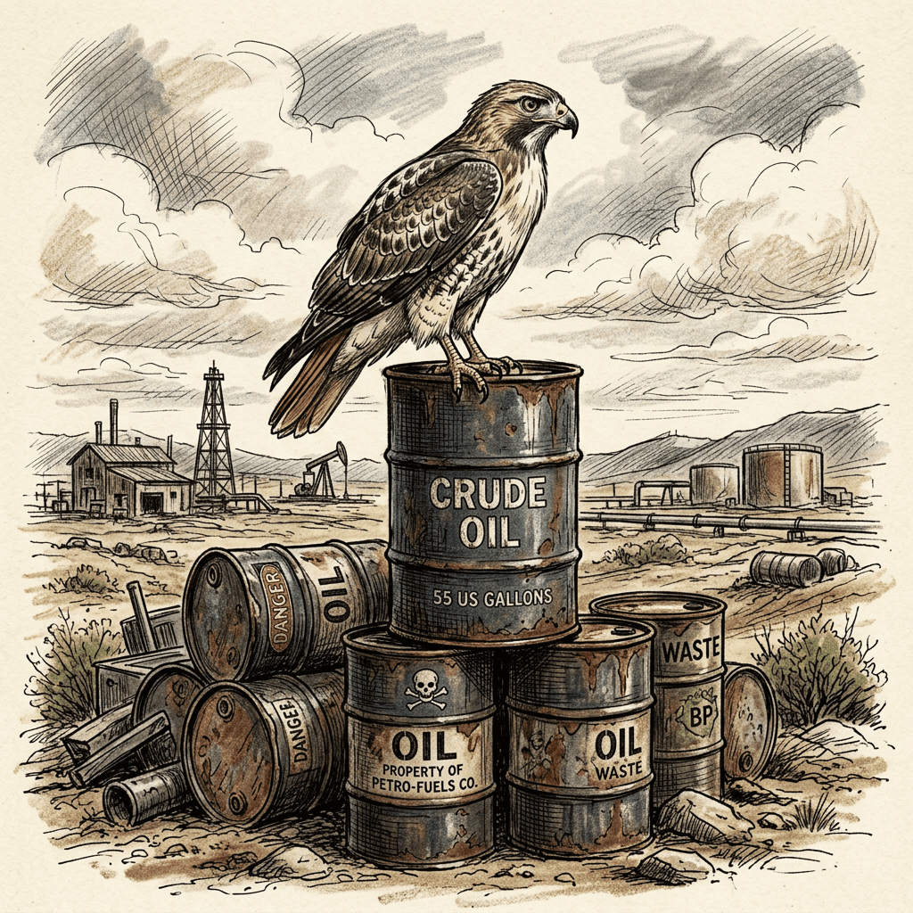 A hawk perches on rusty oil barrels, overlooking an industrial oil field.