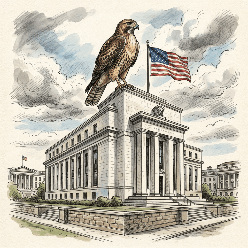 Hawk perched on a classical government building with an American flag.
