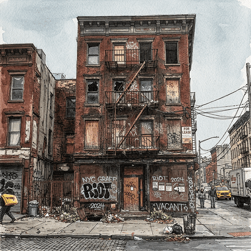 A weathered brick building with boarded windows, fire escapes, and graffiti on a city street.