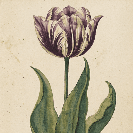 Botanical illustration of a purple and white striped tulip with green leaves.
