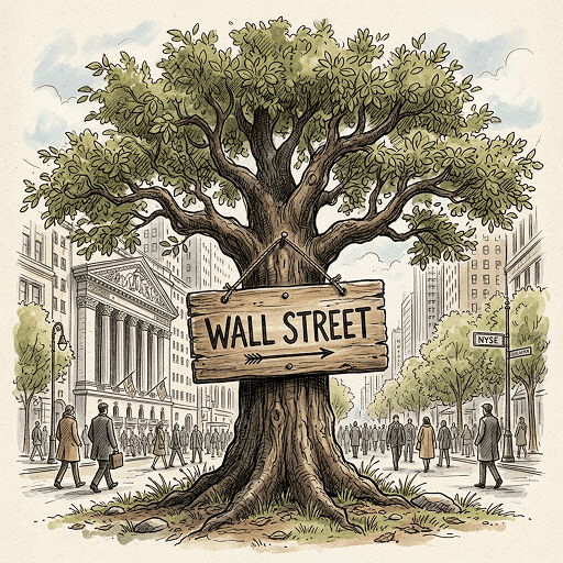 An old tree with a 'WALL STREET' sign pointing right, surrounded by city buildings and people.