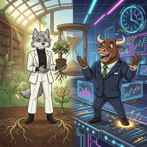 Wolf holding growing plant contrasts bull on high-tech stock trading floor.