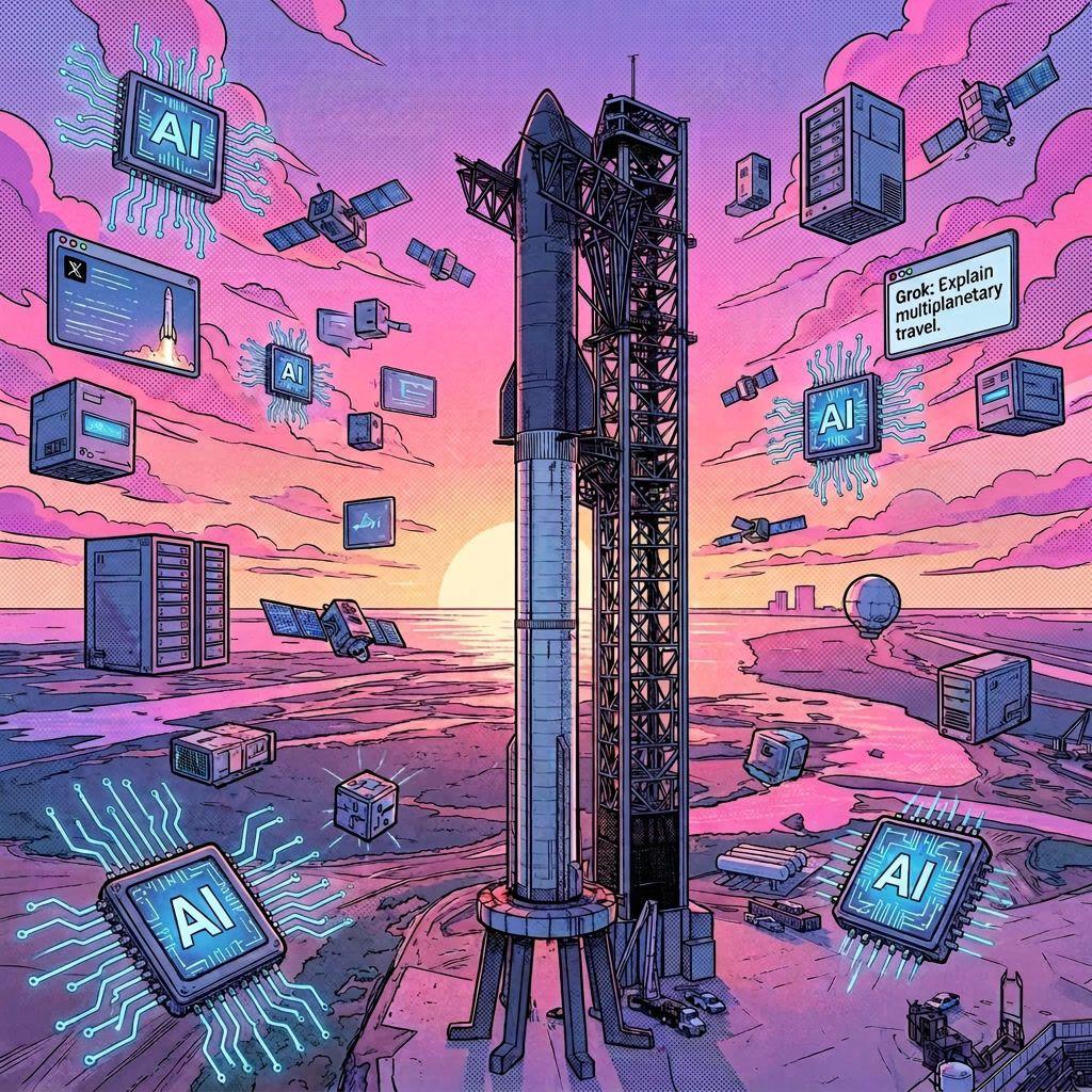 A futuristic rocket launches into a sunset sky, surrounded by glowing AI technology screens.