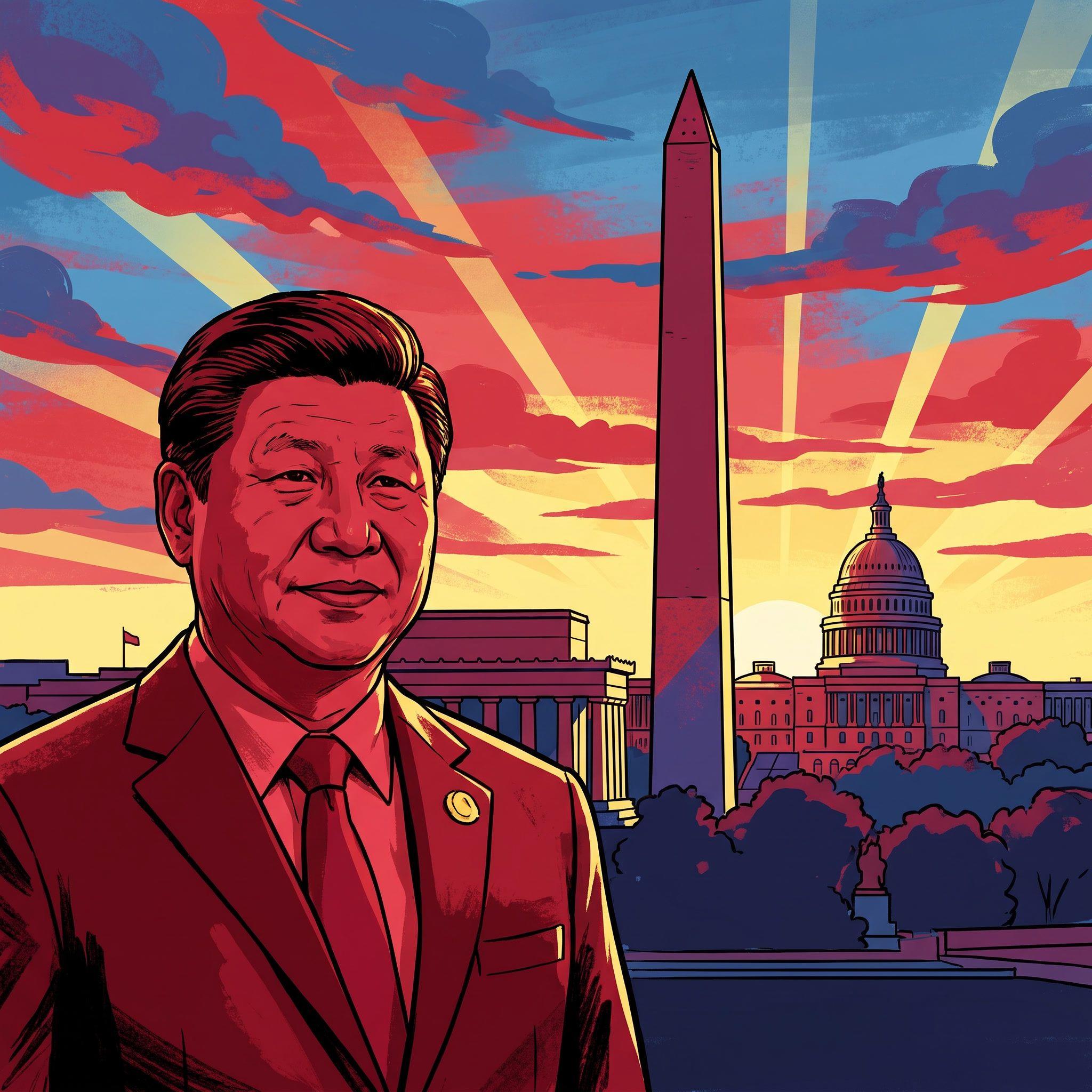 Xi Jinping stands before Washington D.C. skyline with Capitol and monument at sunset.