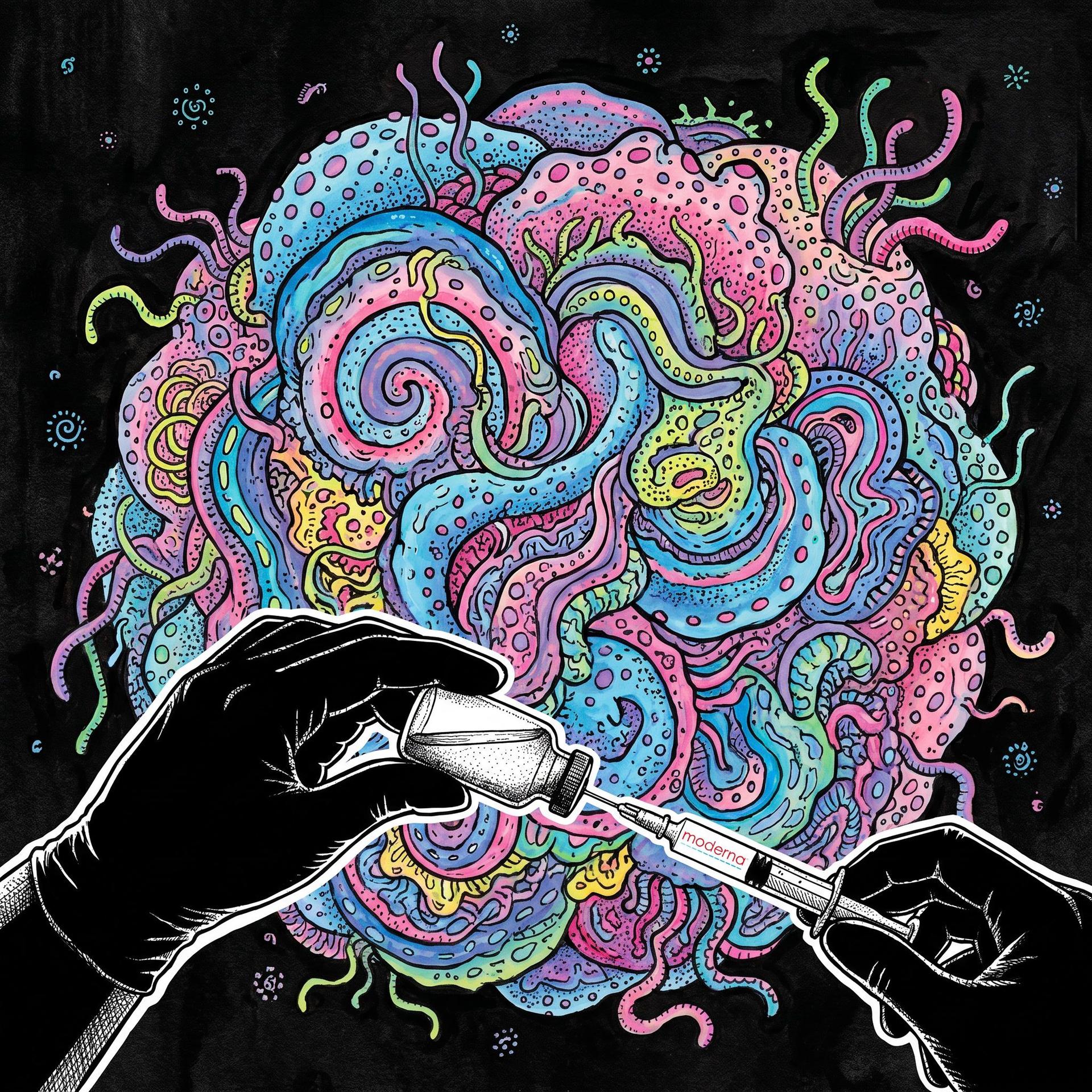 Gloved hands prepare an injection with a syringe and vial against a colorful, swirling biological mass.