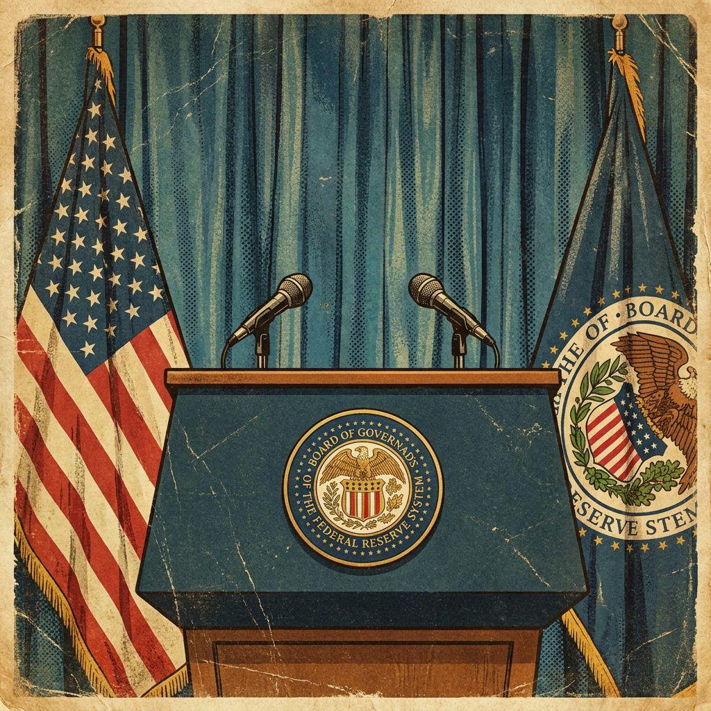 Speaker's podium with US and Federal Reserve flags, two microphones, and blue curtain.