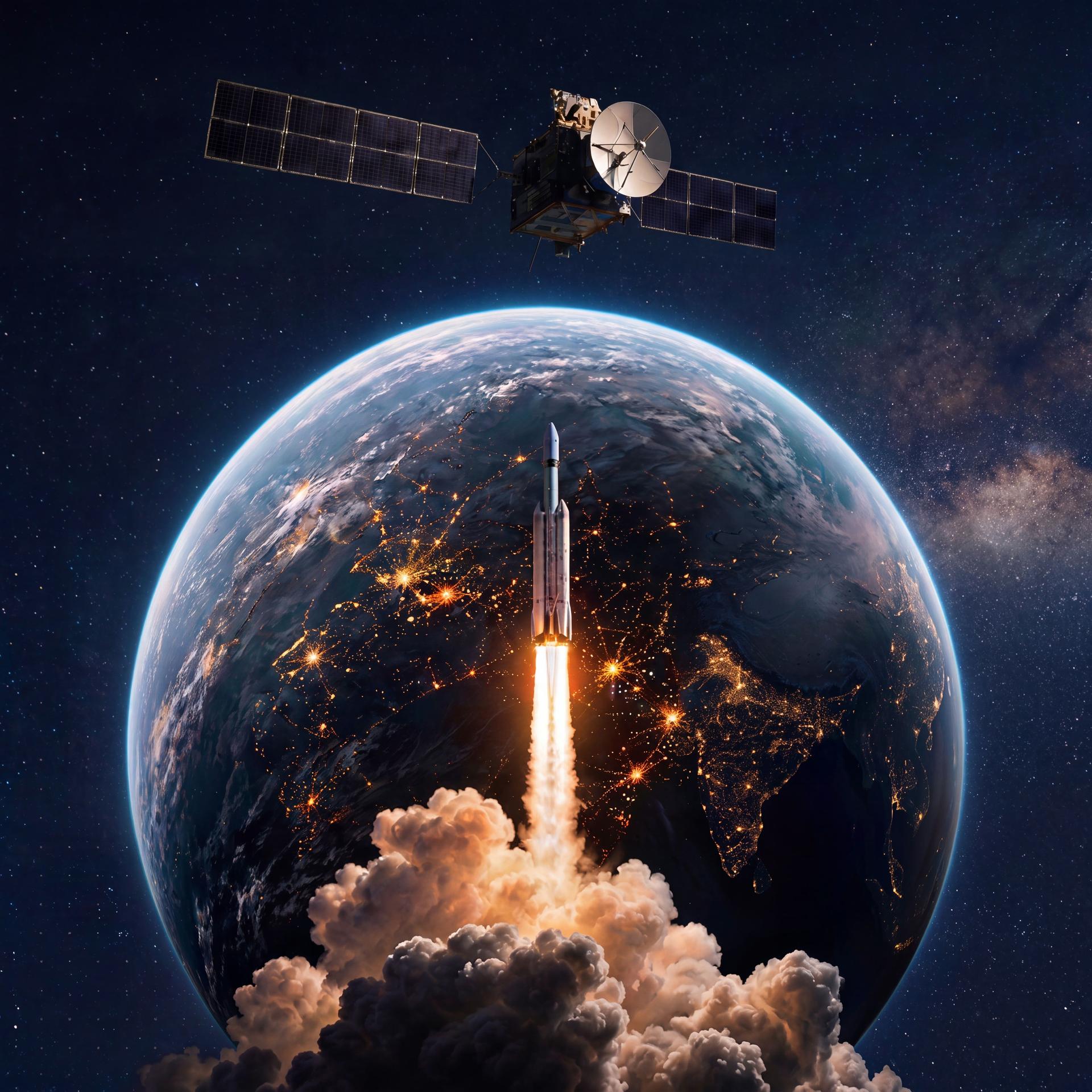 A rocket launches from a night-lit Earth, with an orbiting satellite visible in space.