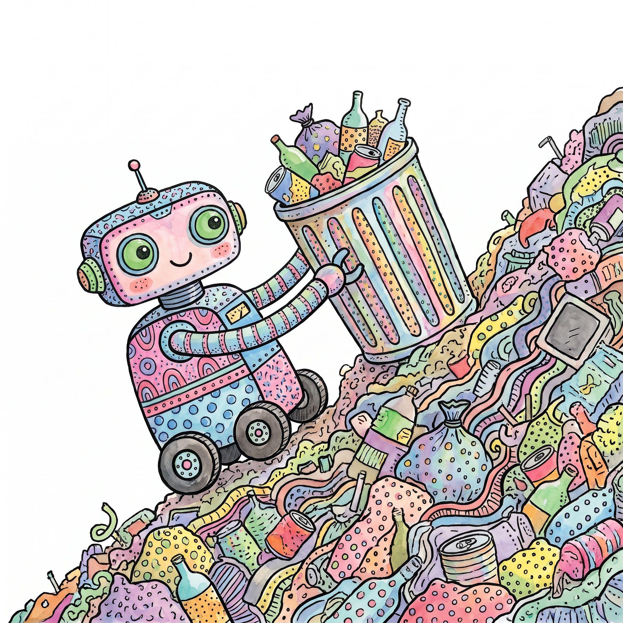 A cheerful robot pushes a full trash can up a colorful hill of waste.