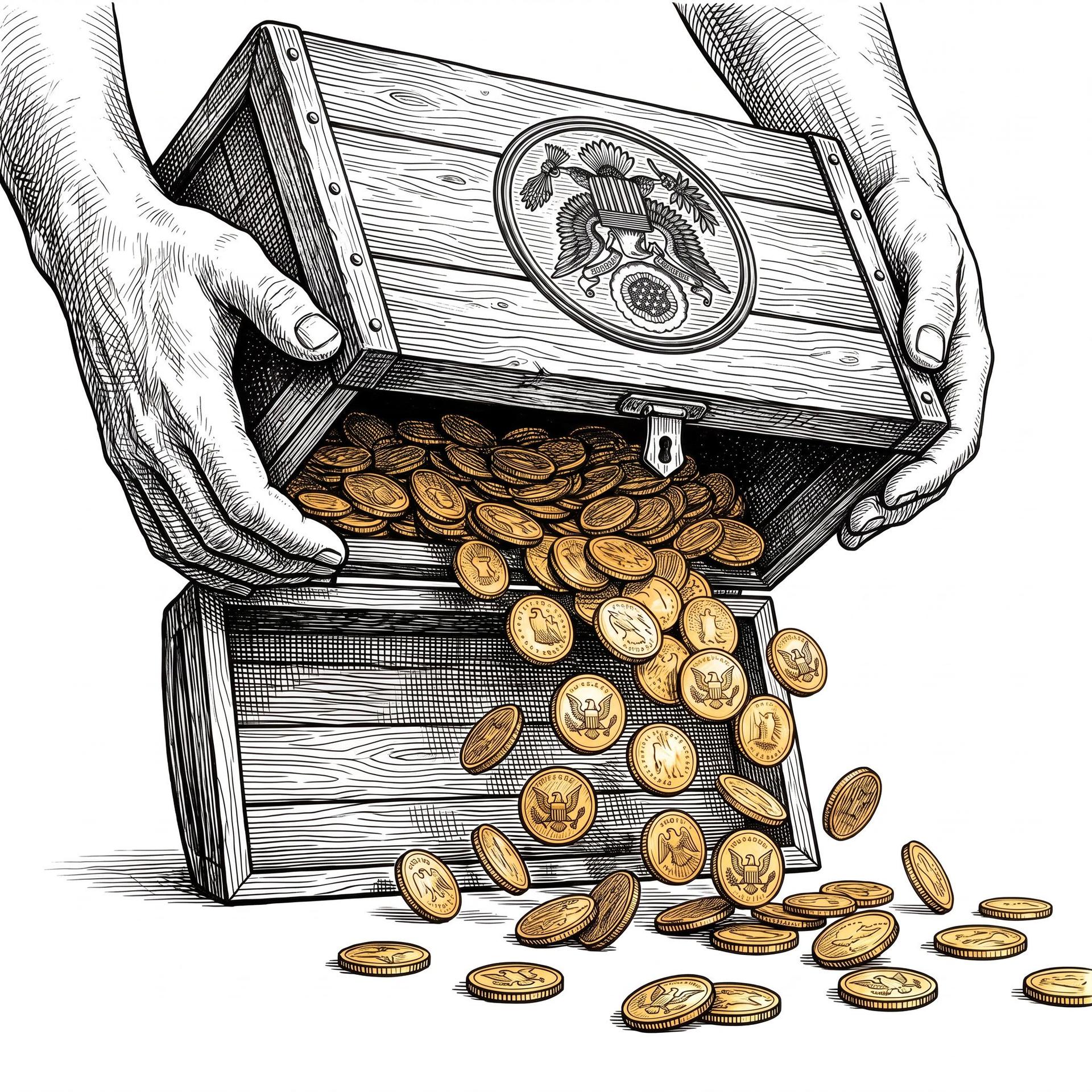 Hands opening a wooden treasure chest spilling gold coins onto a white surface.