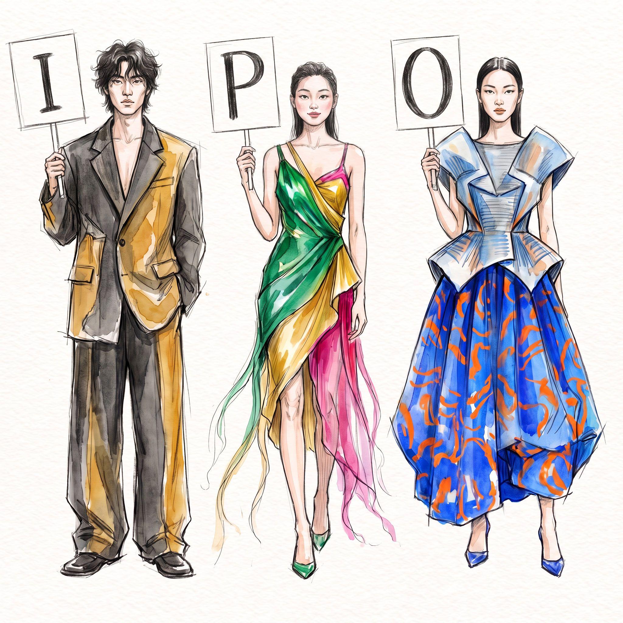 Three stylishly dressed fashion models hold signs spelling IPO, symbolizing an initial public offering.